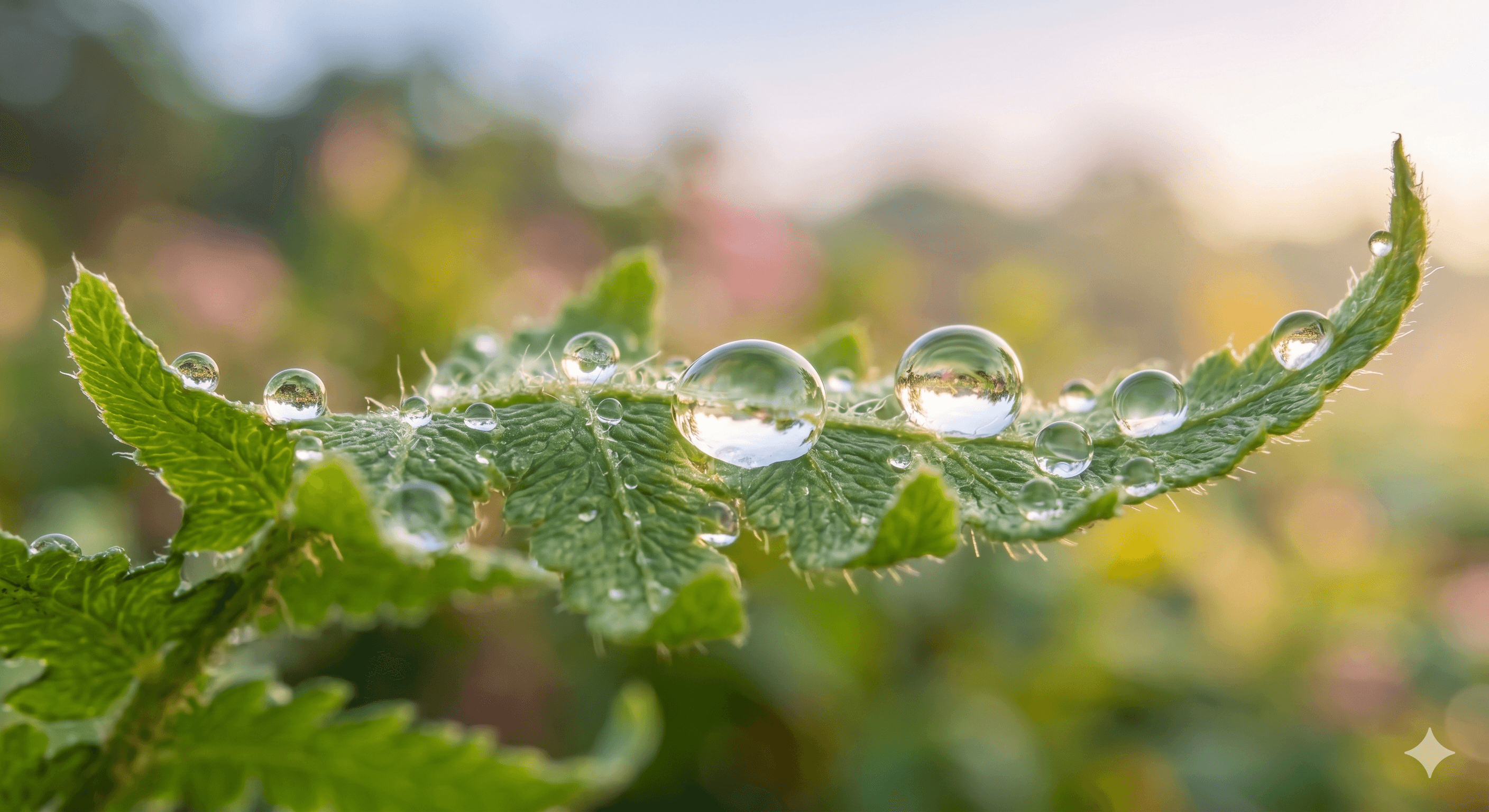 Detail of water droplets on a leaf, soft morning light